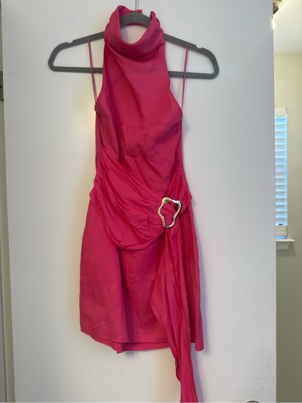 Amanda Uprichard Hot Pink High-Neck Mini Dress with Buckle Detail